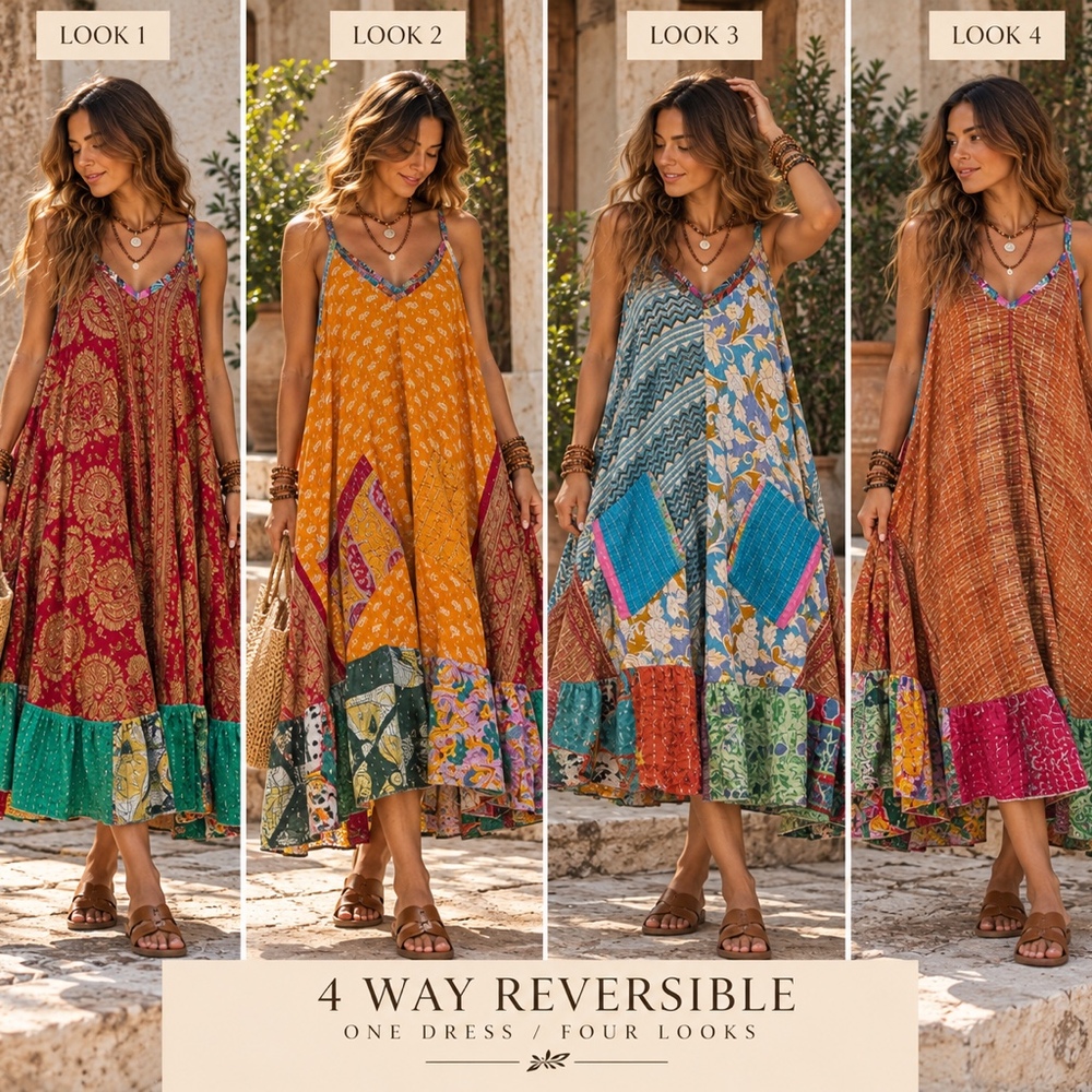 4 way reversible handmade boho kantha patchwork dress One size (ptp 23 L40)